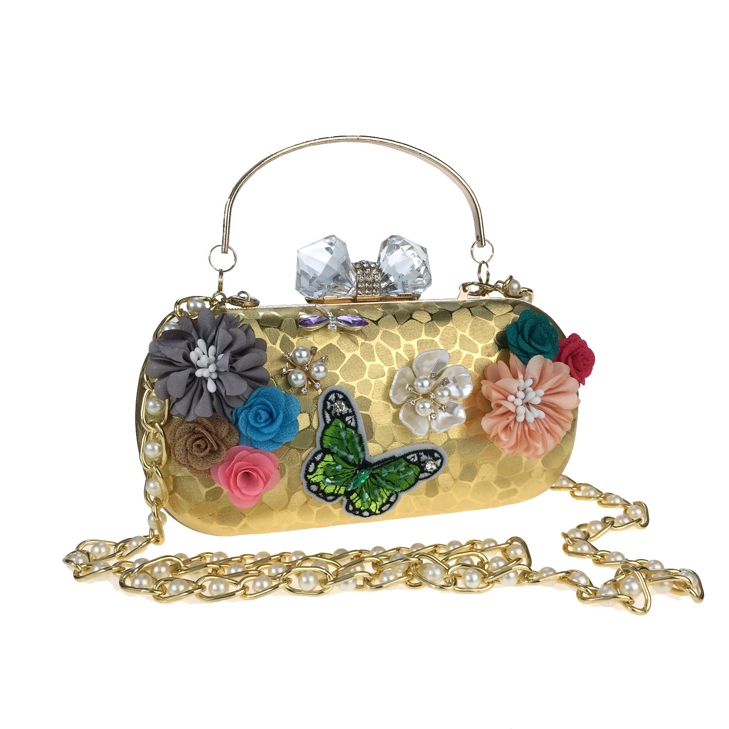Túi clutch nữ dạ tiệc hoa satin thêu hạt bướm ngọc trai, tay cầm kim loại và dây đeo ngọc trai — Màu đỏ, Màu vàng, Màu bạc chi tiết 8