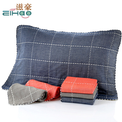 纯棉多层纱布枕巾提花枕巾 简约格子枕巾 厂家直销吸汗透气