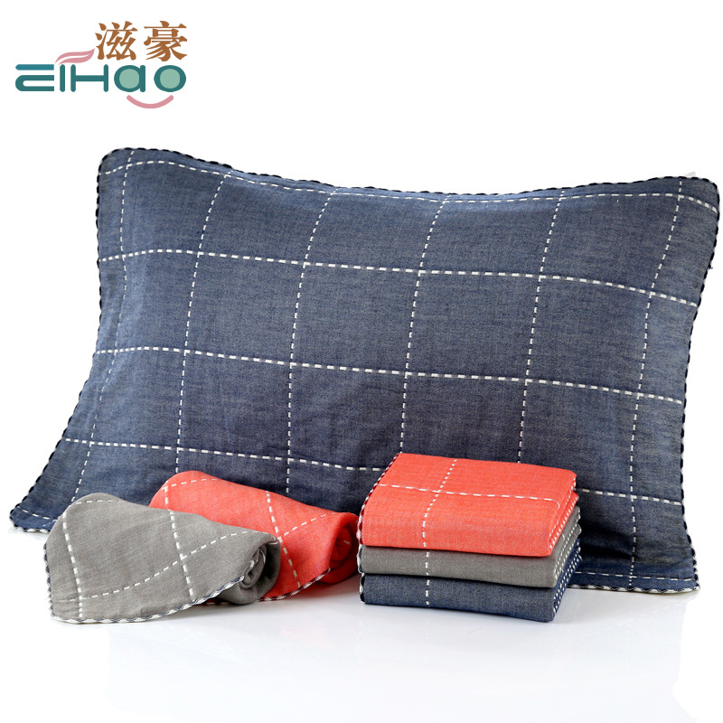 纯棉多层纱布枕巾提花枕巾 简约格子枕巾 厂家直销吸汗透气