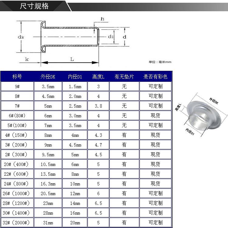 鸡眼尺寸规格表