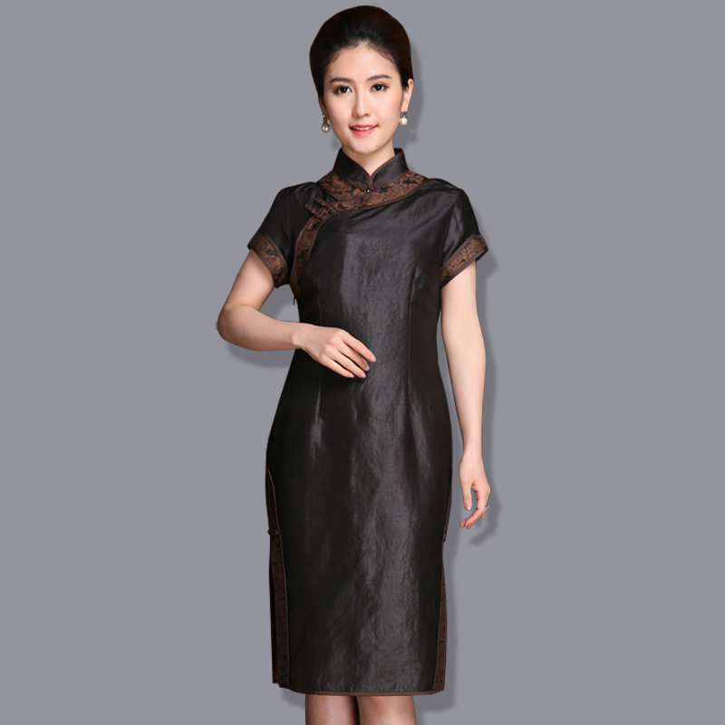 民族风龟纹香云纱旗袍裙 中老年妈妈装短袖桑