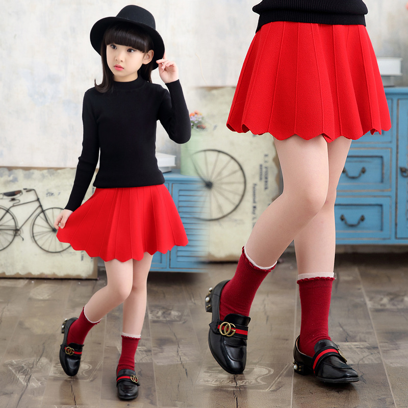 2018新款童装针织短裙女童半身裙a字裙纯色高腰裙|ms