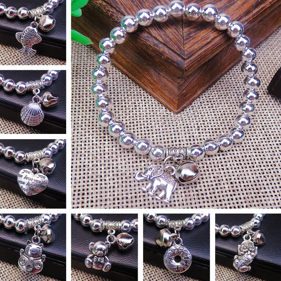 韩版热卖女士铃铛6mm仿银电镀银珠手链银色爱心钱袋铜钱手链批发|ru