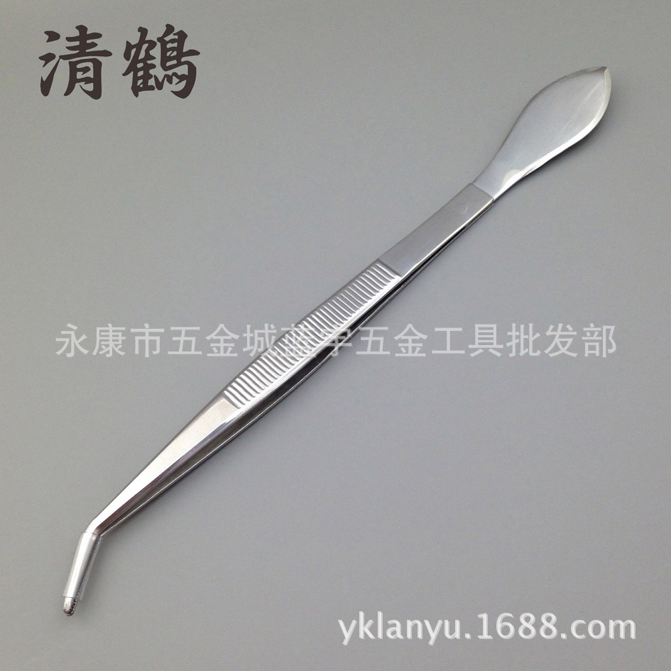 日本清鹤盆景弯头不锈钢两用镊子 撬土压土栽芽扎针多肉植物镊子