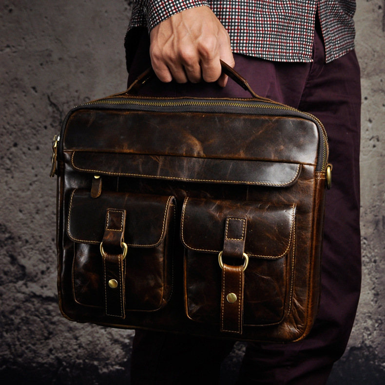 4131513465 2068518898 Le'aokuu Men Real Leather Antique Style Coffee Briefcase Business 13" Laptop Cases Attache Messenger Bags Portfolio B207-d