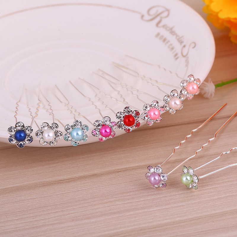 跨境热销 满钻U型发钗发夹盘发珍珠花朵镶钻发簪子新娘头饰 6+1|ms