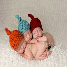 新生儿宝宝手工毛线帽子满月百天摄影 婴儿精灵帽 编织帽子