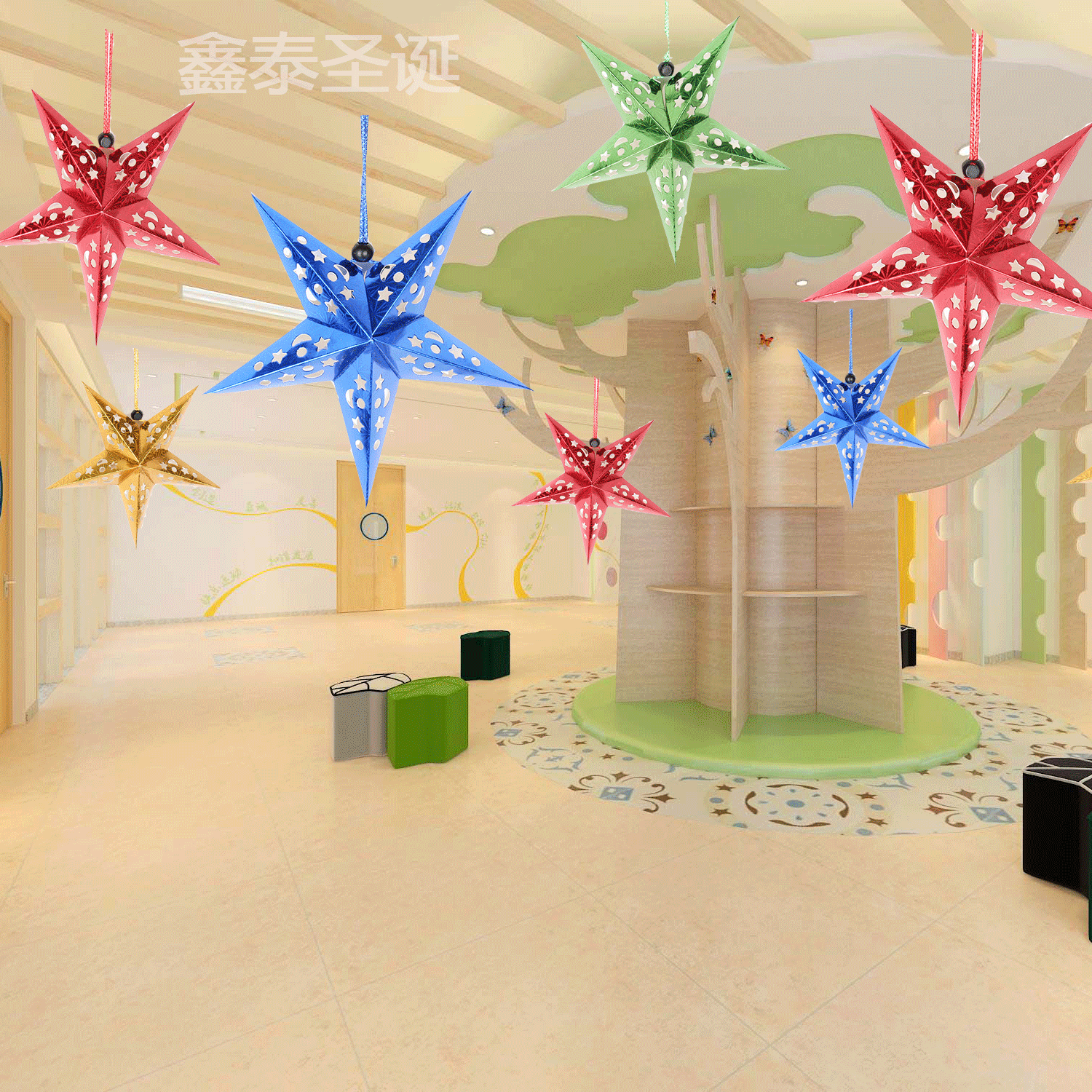 En stock vacaciones celebración decoración tridimensional láser Navidad estrella de cinco puntas techo decoración papel estrella escena pantalla