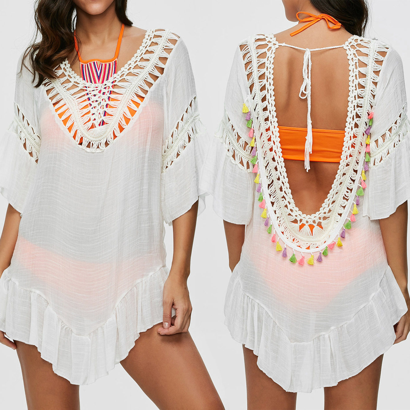 Sexy Bikini Cover Up Colorful Lantern Tassels Hollow Design U Back Tie Closure Beachwear for Summer Wholesale