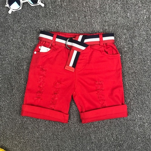Grokko Children's Clothing  Summer Red and White Yellow Shorts with Belt 5-inch Shorts with Elastic and Hole-knitted Korean-style Pants