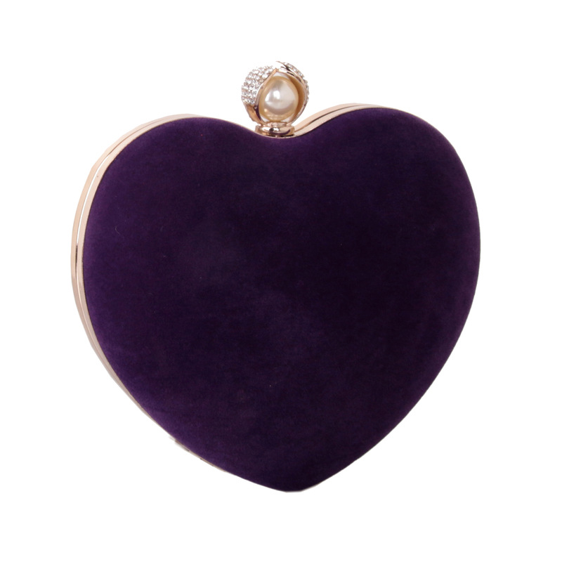Cross border velvet heart-shaped Dinner Bag inlaid with diamond pearl foreign trade women's hand bag flannelette hard box chain bag