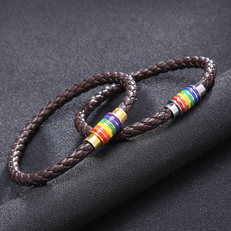 simple braided leather rainbow color titanium steel magnet buckle bracelet