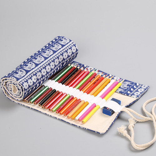Ethnic style baby elephant print handmade canvas pen curtain 12/24/36/48/72 hole large capacity color pencil pencil bag