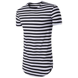 2017外贸新款嘻哈高街夏季男士条纹长款短袖T恤ebay男式休闲t恤衫