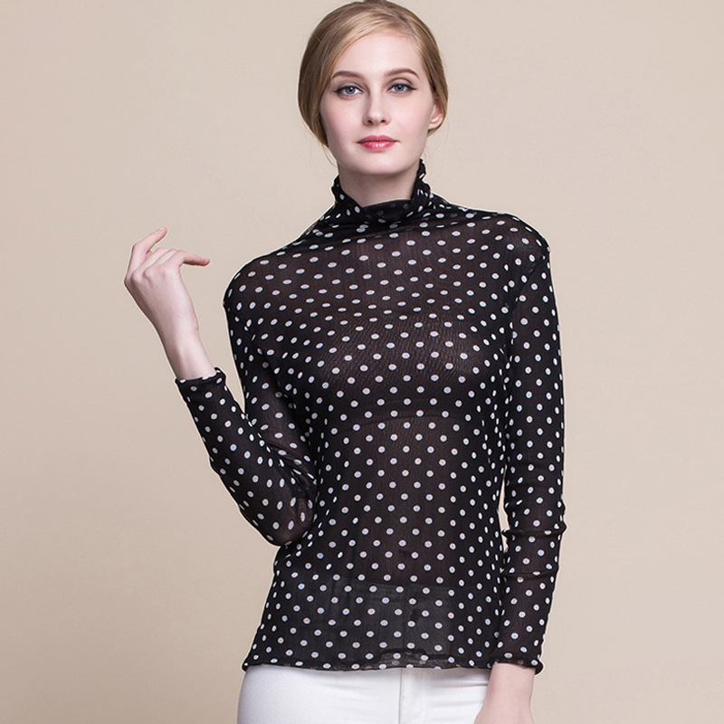 Womens Silk Mesh Mock Neck Long Sleeve T Shirt Double Layer Lightweight Soft Fabric Perfect for Spring and Autumn
