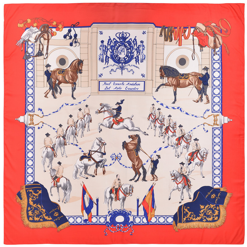 New Style 130cm Women's Palace Training Horse Farm Printing Twill Imitation Silk Square Scarf display picture 2