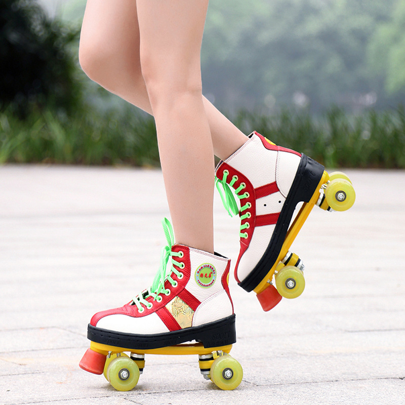 好兄弟雙排溜冰鞋成人男女閃光雙排輪頭層牛皮花樣輪滑鞋