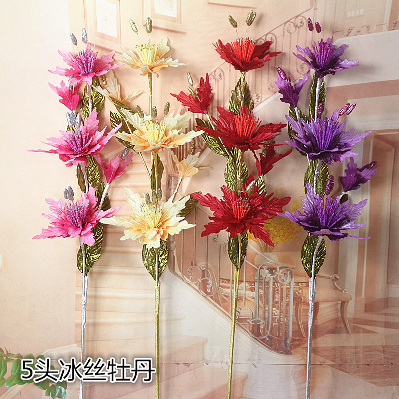 欧式牡丹 仿真花 金粉闪光花艺罗马柱插花批发5头冰丝牡丹