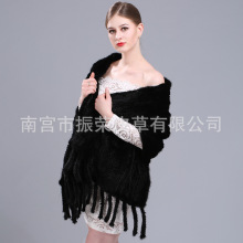 厂家直销女士新款水貂毛披肩手工编织皮草长方形编织斗篷流苏披肩