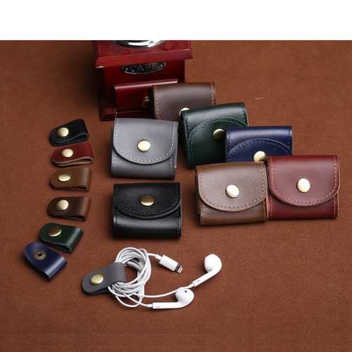 Summer headphone bag portable data cable headphone storage box crazy horse leather retro bag genuine leather small bag
