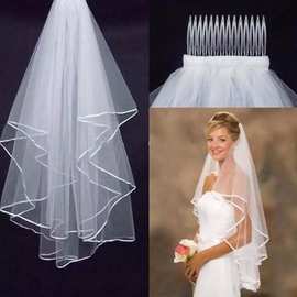 新品两层缎带蝙蝠式头纱白色/米白色新娘婚礼头纱带梳子批发零售