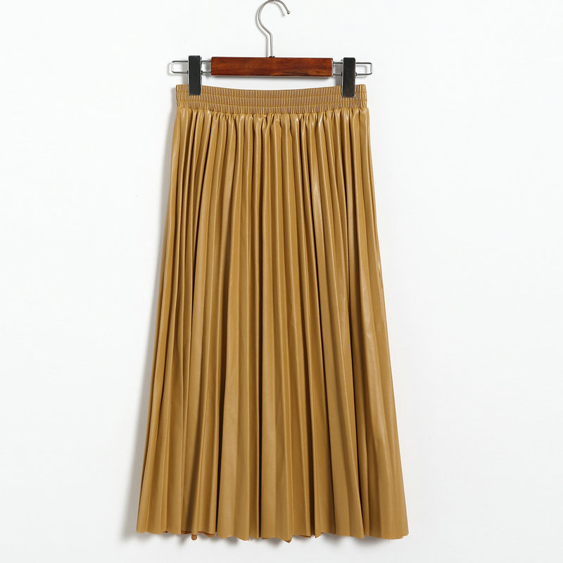 Leather High Waist Mid Length Pleated Umbrella Skirt in Skirts