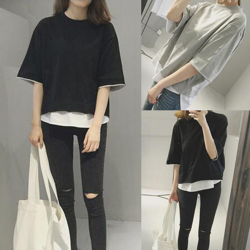 Wholesale 2022 summer new Korean version of loose stitching fake two short sleeve T-shirt women's top women's clothing Women's