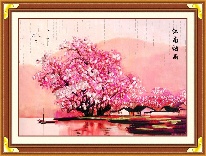 Oujin nianhua cinta bordado fábrica directa color impresión colgante pintura Jiangnan lluvia ahumada sala de estar entrada pintura decorativa