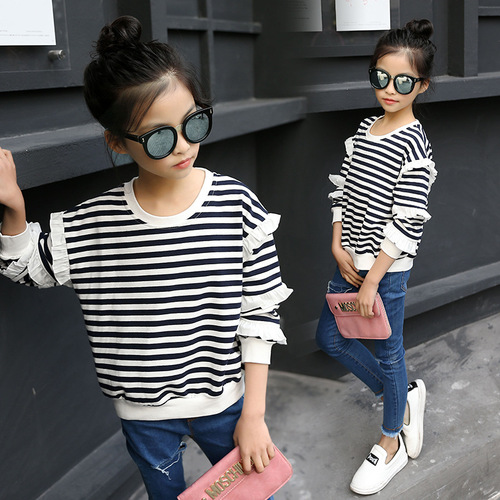 Girls Spring and Autumn 2024 New Round Neck Tops Children's Striped Long Sleeve T-Shirts Korean Style Bottoming Spring Tide for Big Children