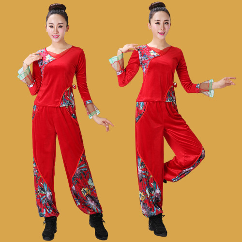 Chinese Folk Dance Dress Square dance suit long sleeve Yangko set fan dance drum suit trumpet sleeve lantern pants