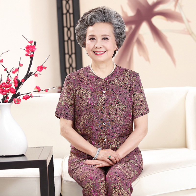 Mom outfit Summer wear Cotton silk suit Middle and old age Women's wear Short sleeved Cardigan 7080 year 90 Aged TSUMUGI grandma