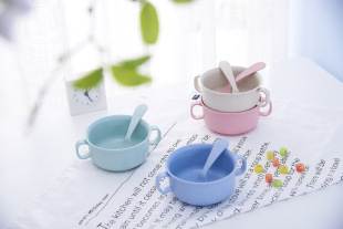Children's Feeding Tableware Wheat Straw Double Ear Bowl Children's Anti-fall and Anti-perm Bowl Colorful Childhood Bowl Wheat Tableware