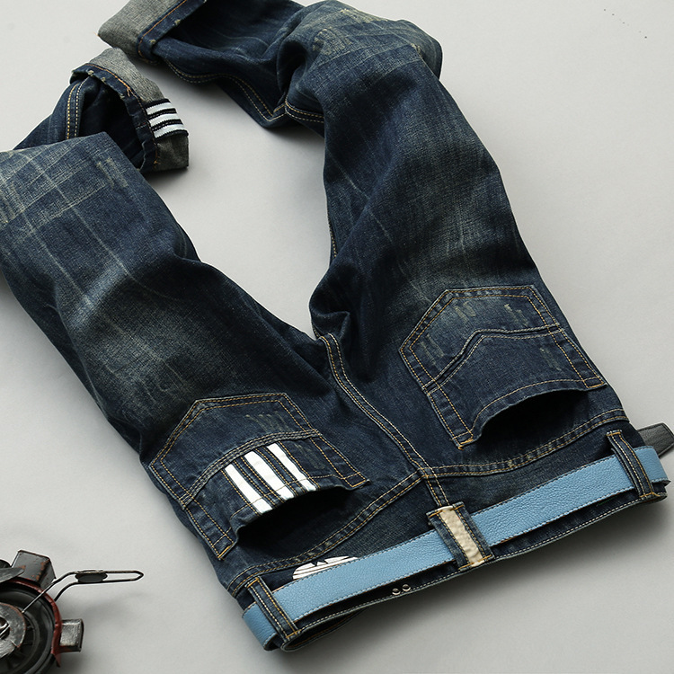 Korean Men's Jeans Men's Ripped Small Straight Slim-fit Vintage Youth Straight-legged Trousers Trendy Four Seasons