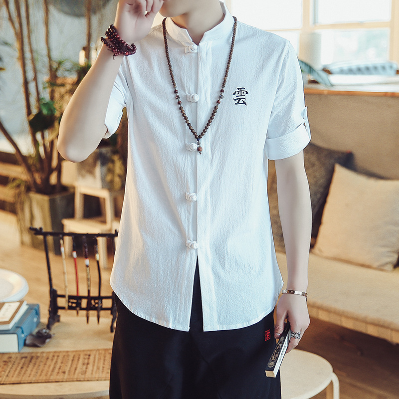 2017夏季男士七分袖亚麻衬衫男装纯色修身棉麻料宽松大码上衣潮