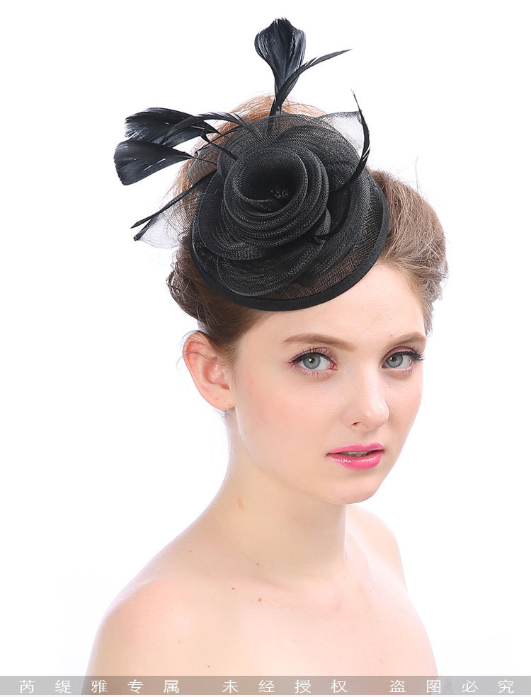 芮缇雅头饰 速卖通新款手工亚麻新娘礼帽 创意羽毛宫廷宴会小帽子详情图2
