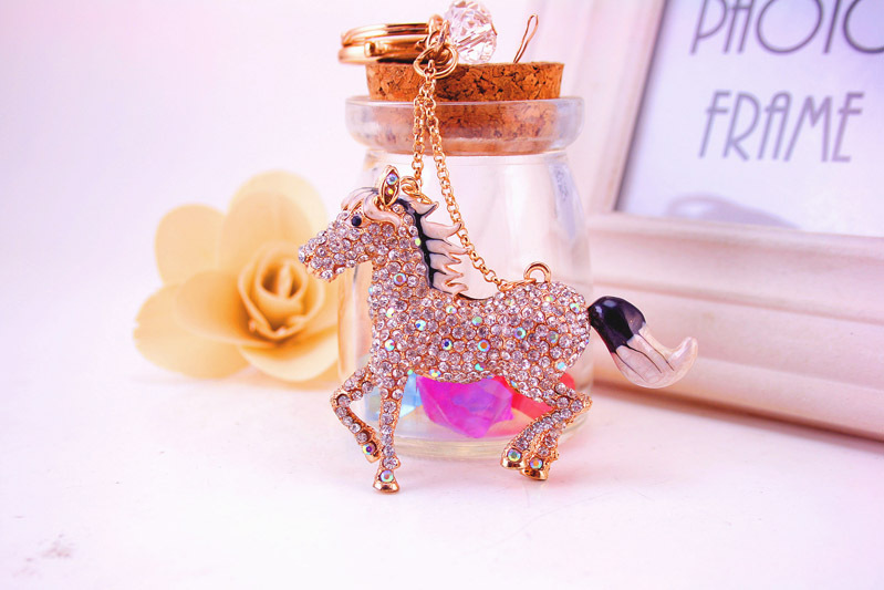 52g Weight Alloy, Metal Material Animal Pattern Unisex Gender Coffee, White Color Creative Animal Diamond Zodiac Pony Shape Car Keychain 6