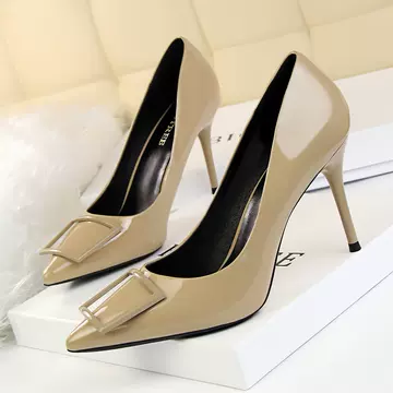 Big Tree Korean Fashion Professional OL High-heeled Shoes Women's Shoes Stiletto High-heeled Patent Leather Shallow Mouth Pointed Square Buckle Single Shoes Lady shoes - ShopShipShake