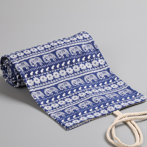 Ethnic style baby elephant print handmade canvas pen curtain 12/24/36/48/72 hole large capacity color pencil pencil bag