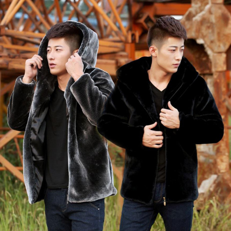 winter man leather and fur coat Mink cashmere Mid length version Hooded leisure time overcoat Self cultivation thickening Cotton wholesale