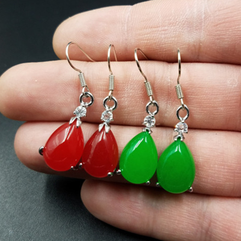 批发玉石耳环a货台湾碧玉水滴耳环鸡血玉耳环石英岩玉耳坠耳饰