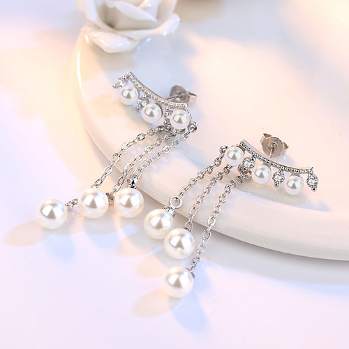 Korean temperament silver jewelry silver earrings earrings women's earrings long exaggerated tassel pearl earrings earrings wholesale
