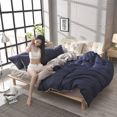 親膚透氣純色 時尚簡約雙拼 床上三件套四件套 廠家直銷 跑量款