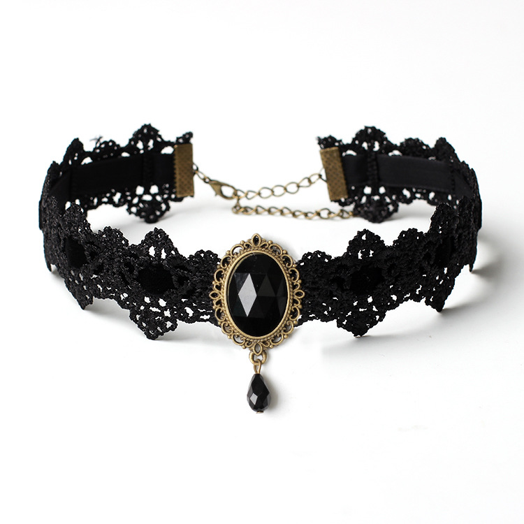 Choker Classification Gothic Oval Artificial Diamond Velvet Lace Choker Wholesale