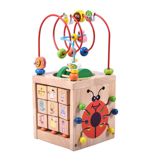 Wooden infant educational early education enlightenment toy new multi-kinetic beetle four-sided large beaded treasure chest wholesale