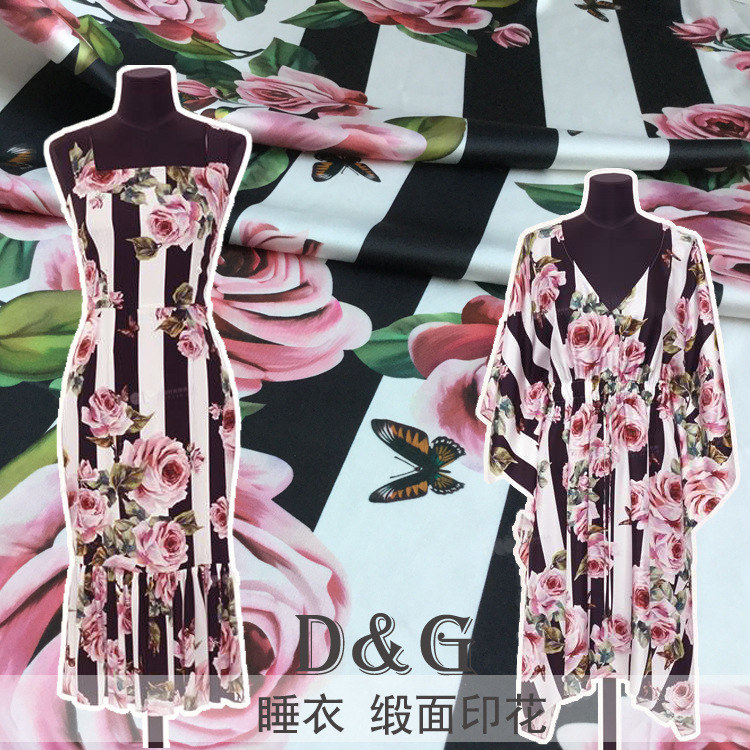 欧美大牌同款 D家弹力缎数码印花 黑白底新款花朵图案时装面料