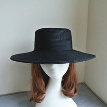 韓國外貿歐美出口女夏天黑色大寬檐平頂巴拿馬禮帽沙灘太陽草編帽