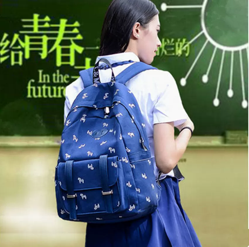 夏款帆布初中高中学生书包双肩包女韩版潮学院风背包旅行电脑休闲