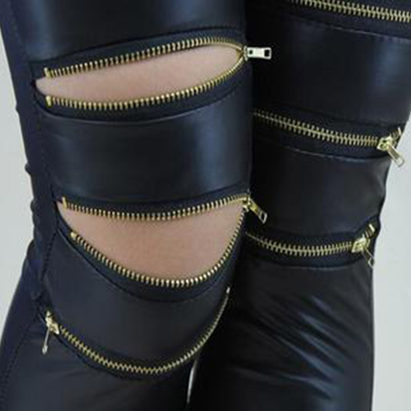 Dameskleding leren leggings met drie ritsen, afslankende leren broek, gesplitste leggings_voghion.com
