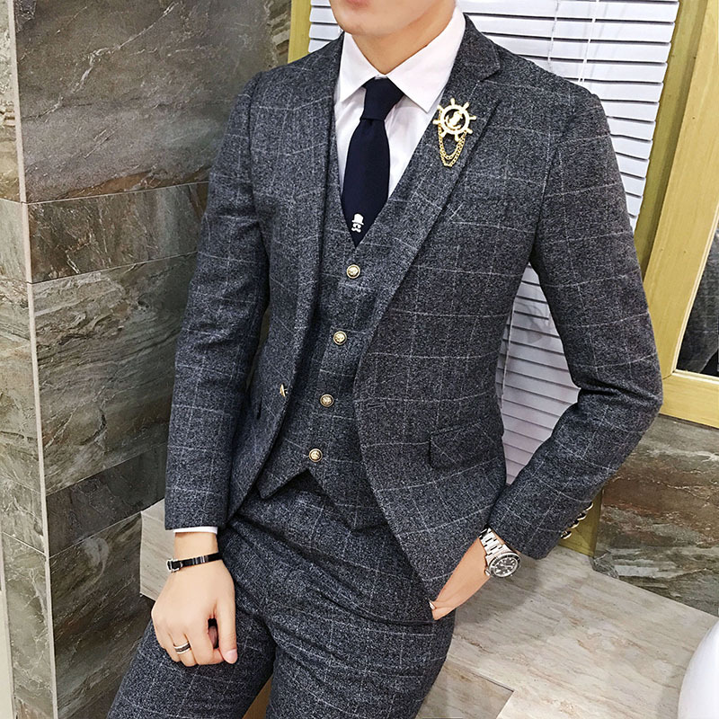 Spring and autumn new men's slim check suit three piece British Style Men's bridegroom best man suit business dress