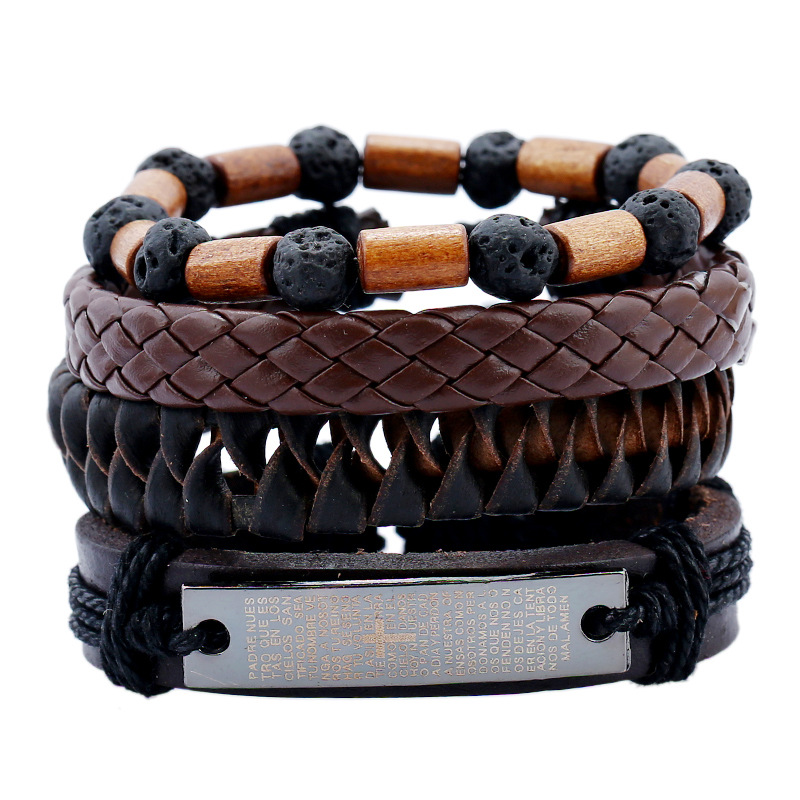 Leather bracelet leather suit menu0027s bracelet volcanic stone wooden beads vintage weaving